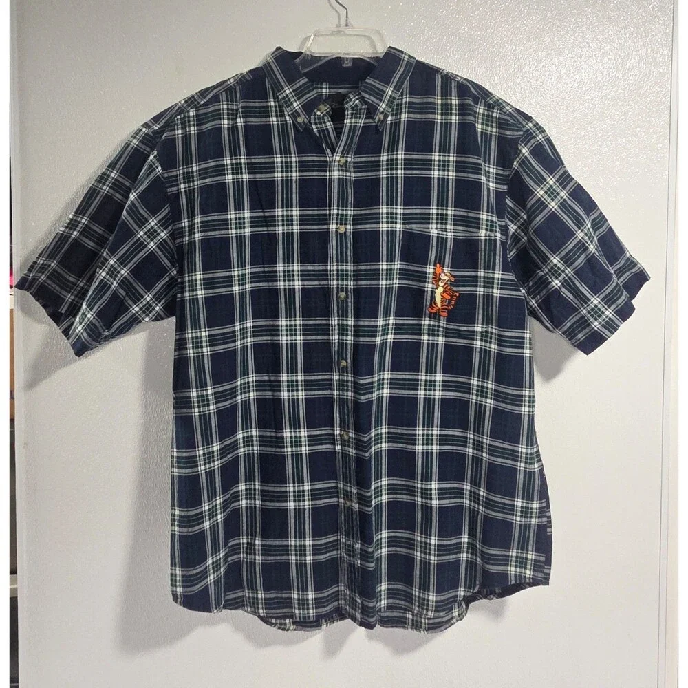 Vintage Disney Store Men's Tigger Embroidered Blue Green Plaid Flannel Shirt XL